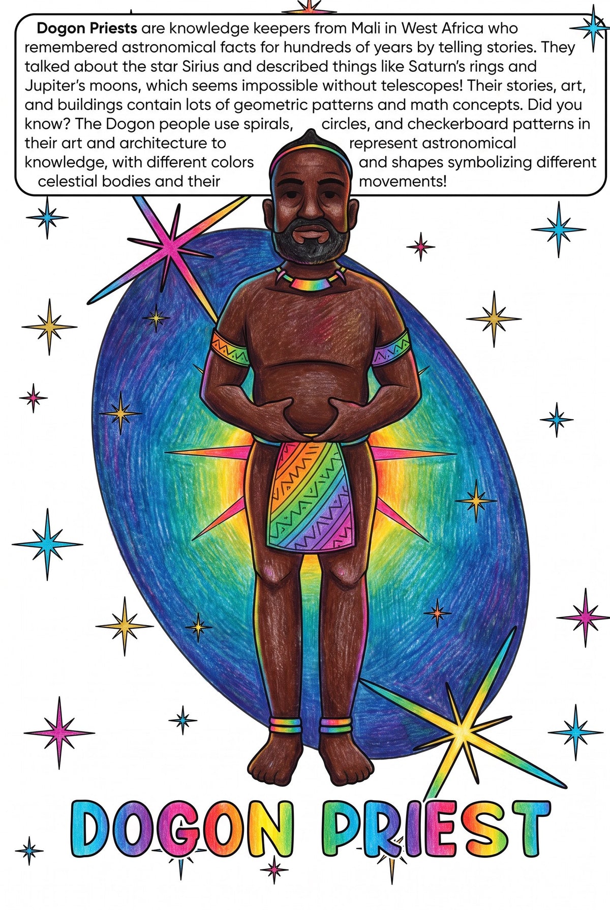 Dogon Priests colouring page from the Brilliant Minds Ancient African and Aboriginal Australian Knowledge Keepers book, shown coloured in