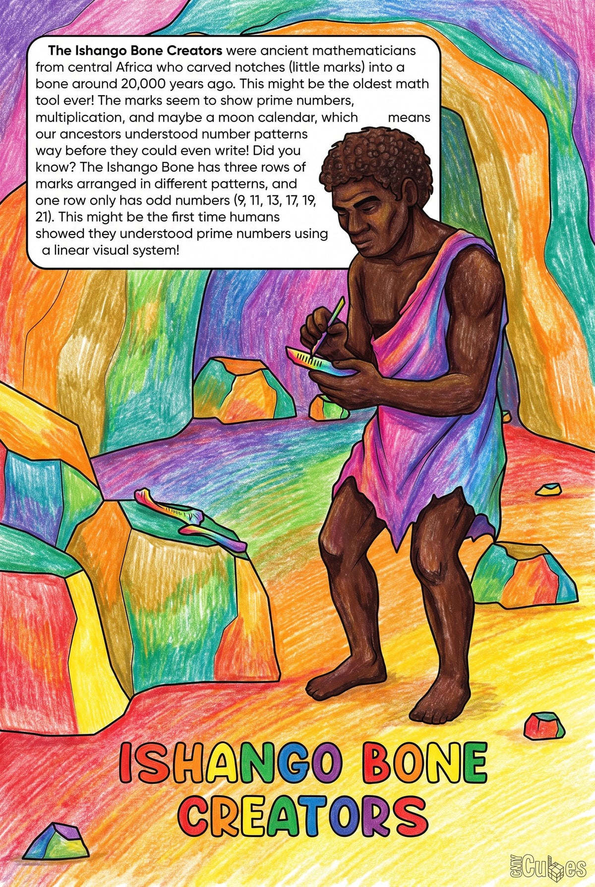 Ishango Bone Creators colouring page from the Brilliant Minds Ancient African and Aboriginal Australian Knowledge Keepers book, shown coloured in