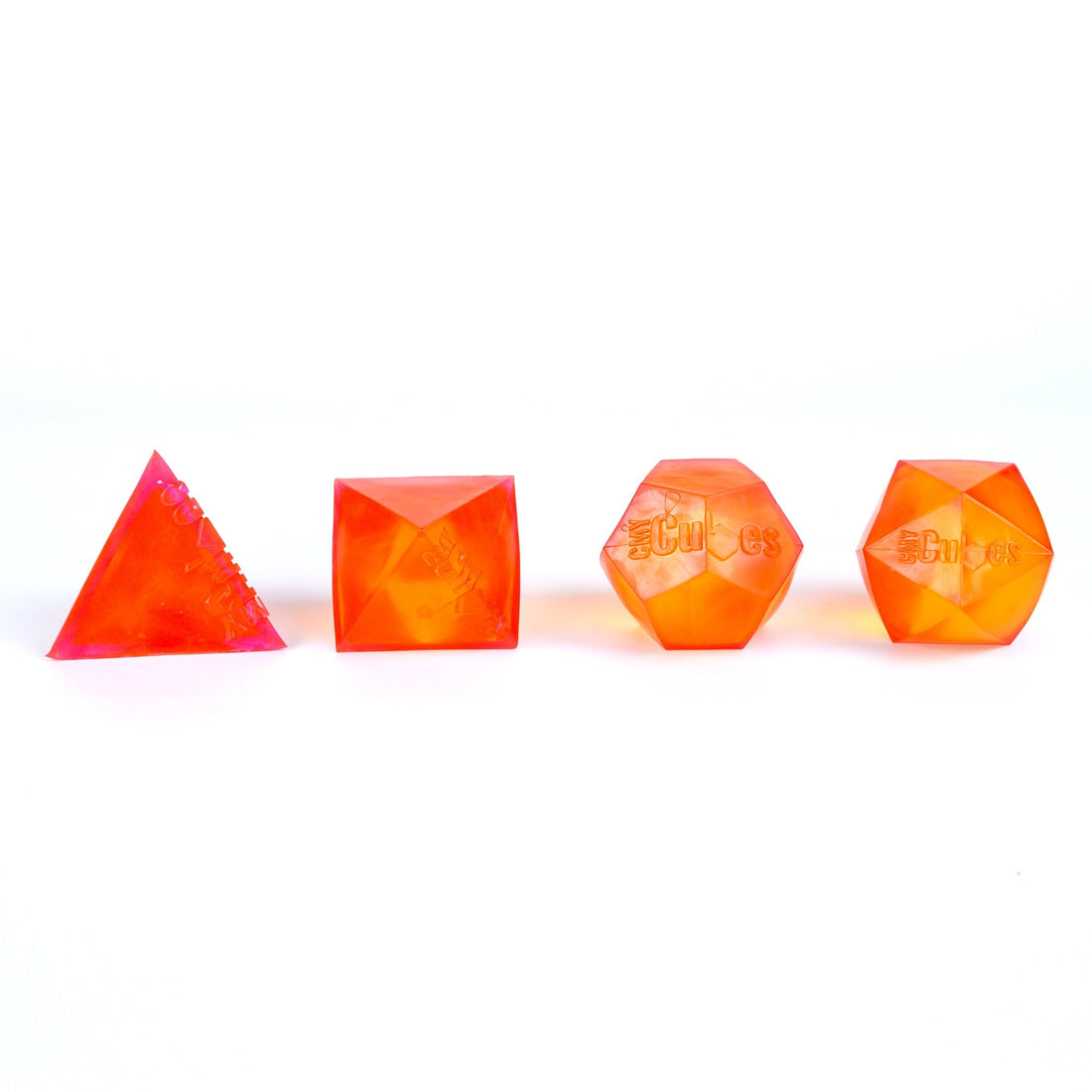 Several PolySquish geometric squishies in different colours, tactile objects often used for stimming