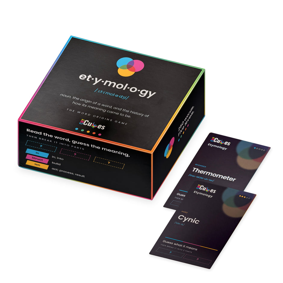 The Etymology word origins game box with Thermometer and Cynic word cards