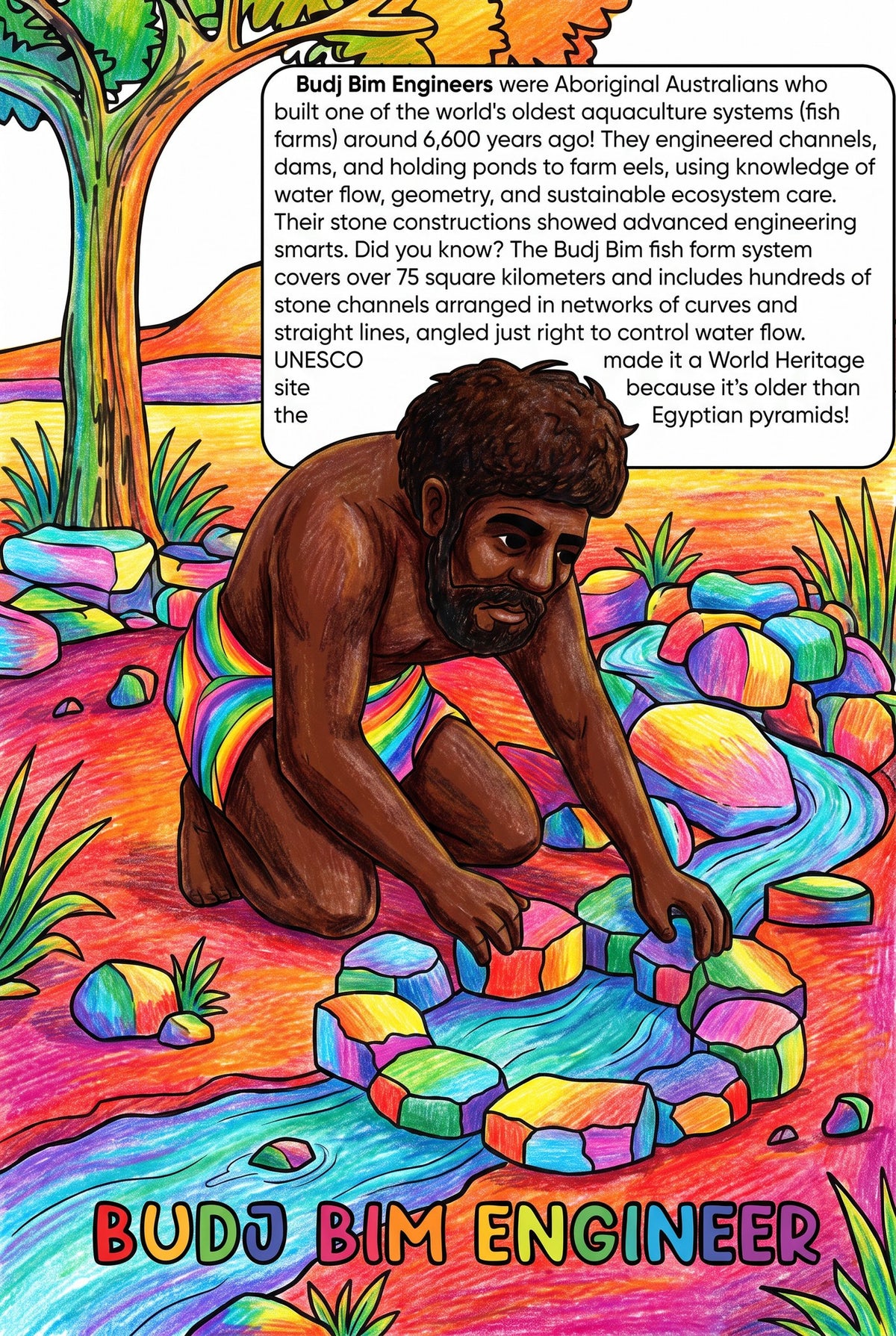 Budj Bim Engineers colouring page from the Brilliant Minds Ancient African Knowledge Keepers book, shown coloured in