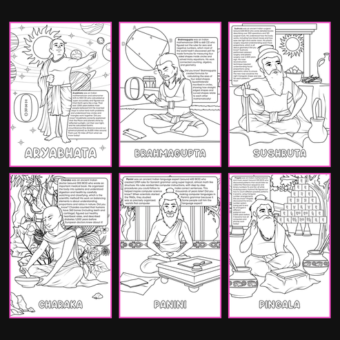 Brilliant Minds Colouring In Series cover: Ancient Indian Scholars, all six printable A4 pages