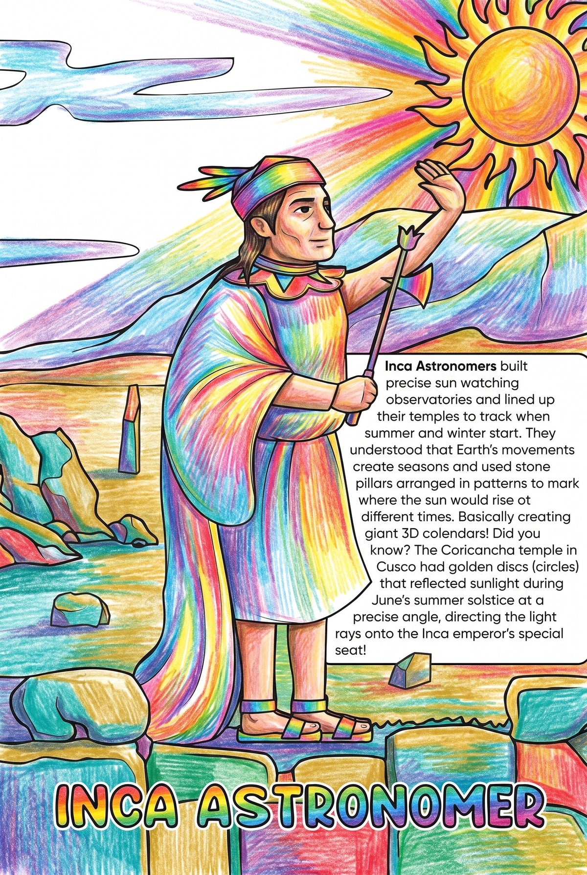 Inca Astronomers colouring page from the Brilliant Minds Ancient Americas Engineers book, shown coloured in