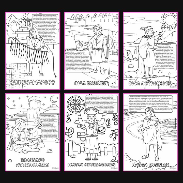 Brilliant Minds Colouring In Series cover: Ancient Americas Engineers, all six printable A4 pages