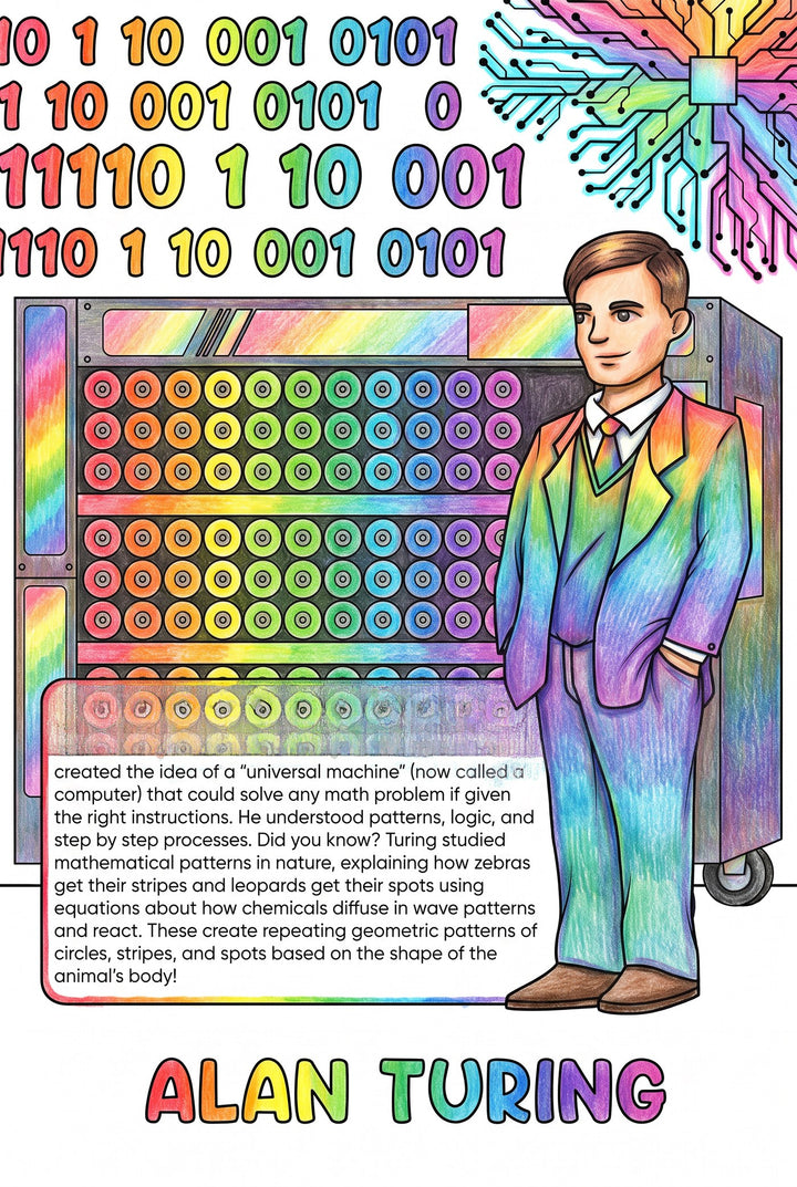 Alan Turing colouring page from the Brilliant Minds Modern Mathematical Pioneers book, shown coloured in