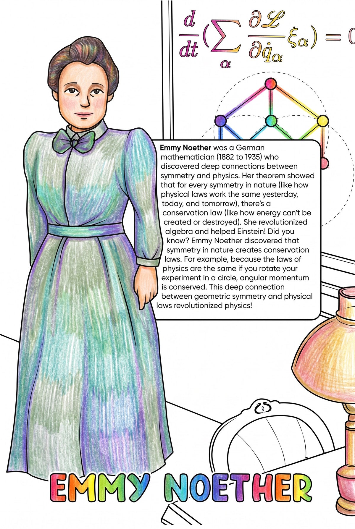 Emmy Noether colouring page from the Brilliant Minds Modern Mathematical Pioneers book, shown coloured in